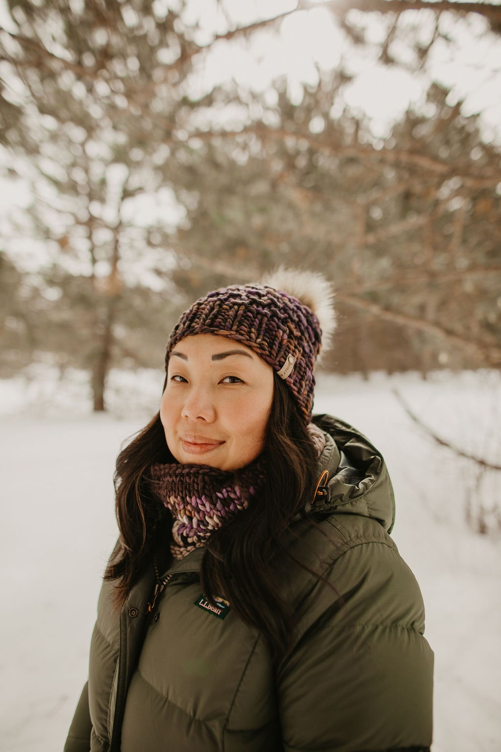 Purple Merino Wool Knit Hat with Faux Fur Pom Pom