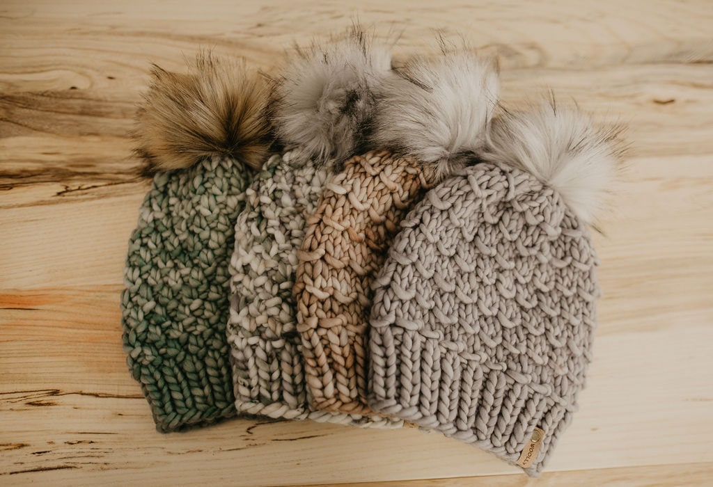 Pearl Gray Merino Wool Knit Hat with Faux Fur Pom Pom – Woolly Bear Knits