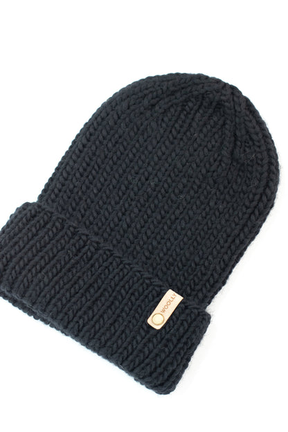 Black Merino Wool Hand Knit Ribbed Beanie