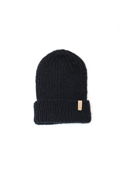 Black Merino Wool Hand Knit Ribbed Beanie