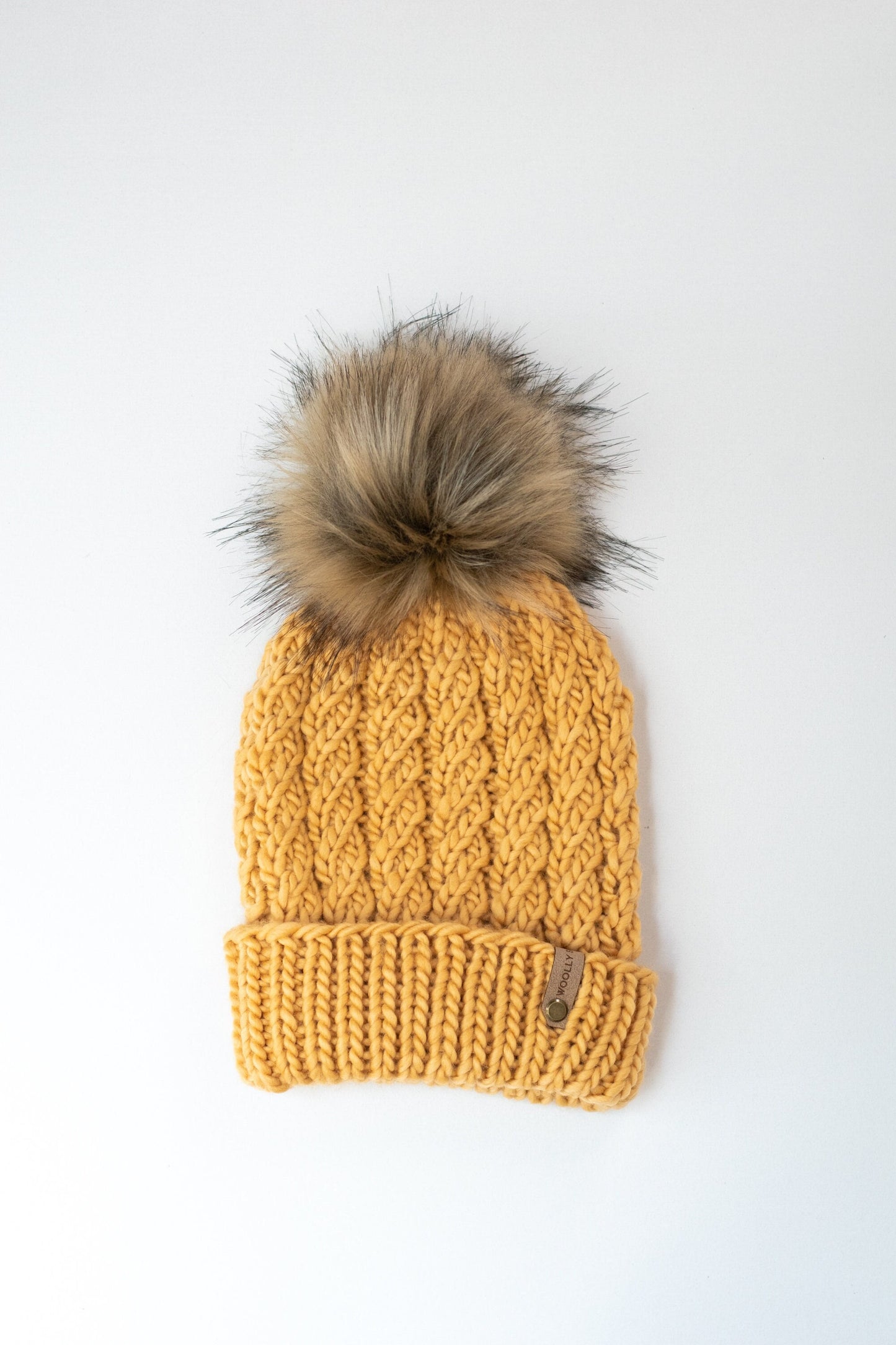 Yellow Merino Wool Knit Hat with Faux Fur Pom Pom, Luxury Chunky Knit Pom Pom Beanie, Ethically Sourced Wool Hat, Hand Knit Hat
