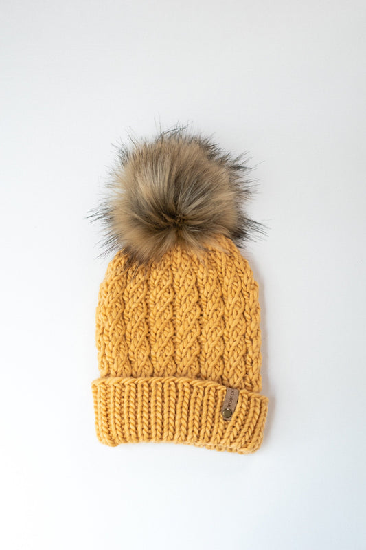 Yellow Merino Wool Knit Hat with Faux Fur Pom Pom, Luxury Chunky Knit Pom Pom Beanie, Ethically Sourced Wool Hat, Hand Knit Hat