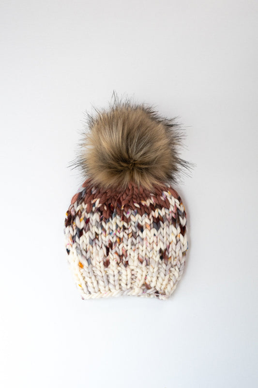 Toddler White Speckle Fair Isle Merino Wool Knit Hat with Faux Fur Pom Pom