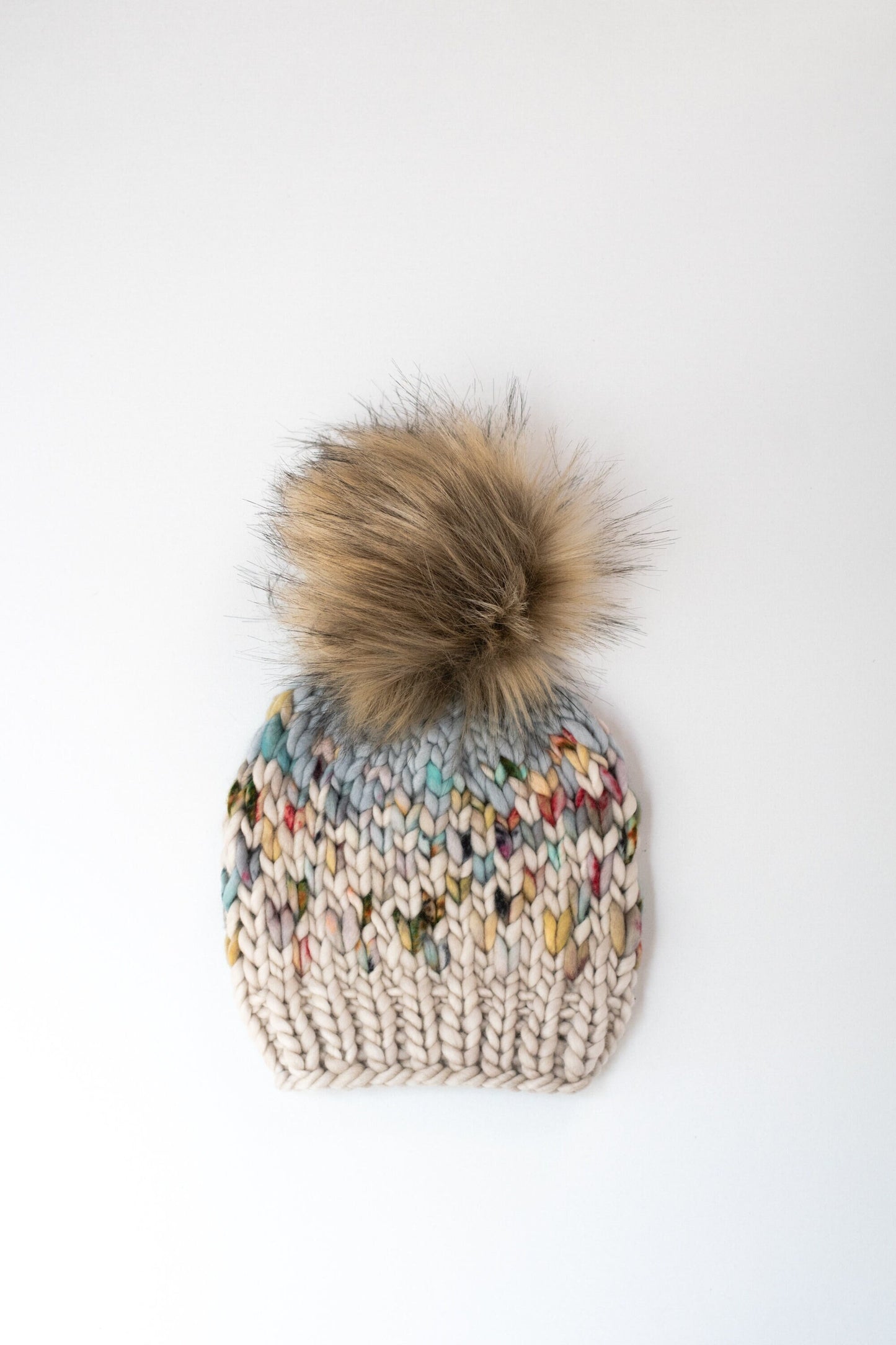 Toddler Rainbow/Gray Fair Isle Merino Wool Knit Hat with Faux Fur Pom Pom