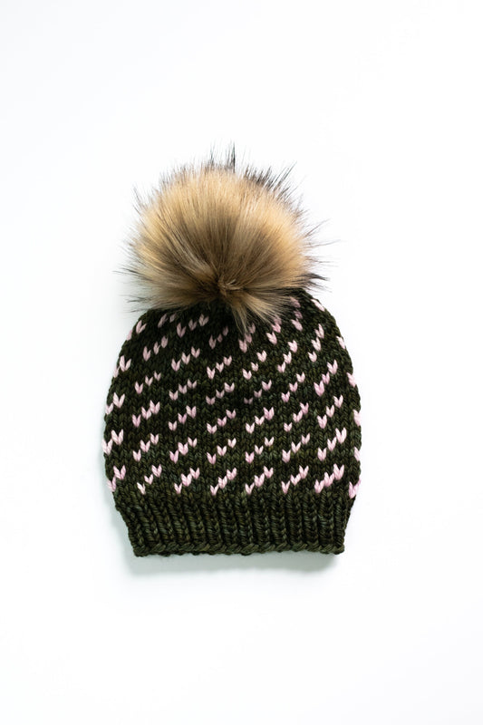 Olive Green and Pink Fair Isle Merino Wool Hand Knit Hat with Faux Fur Pom Pom, Adult Chunky Knit Pom Pom Beanie, Ethically Sourced Wool Hat