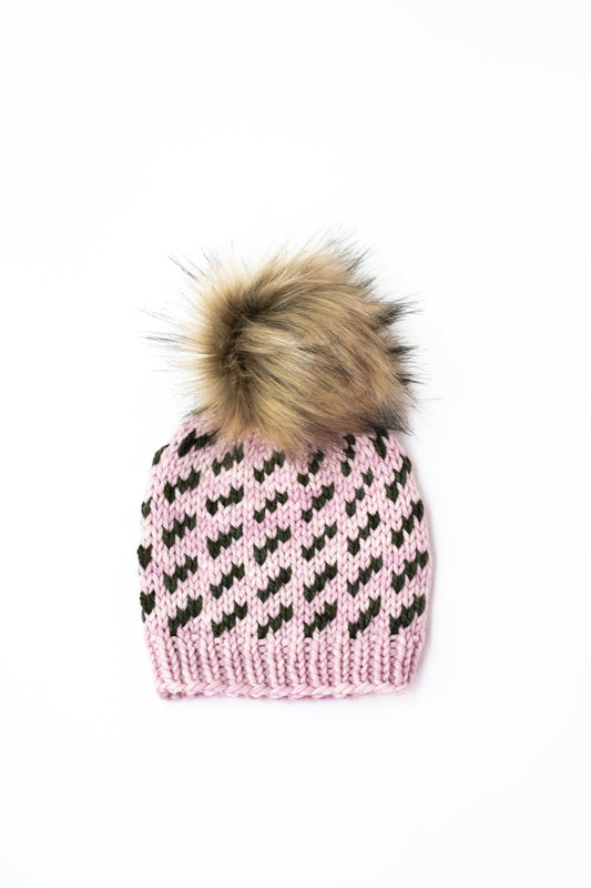 Child Size Pink and Green Fair Isle Merino Wool Hand Knit Hat with Faux Fur Pom Pom, Chunky Knit Pom Pom Beanie, Ethically Sourced Wool Hat